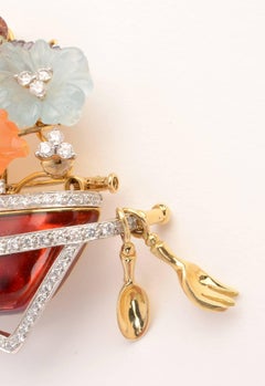 Valentin Magro Wheelbarrow Brooch Filled with Carved Gem Flowers