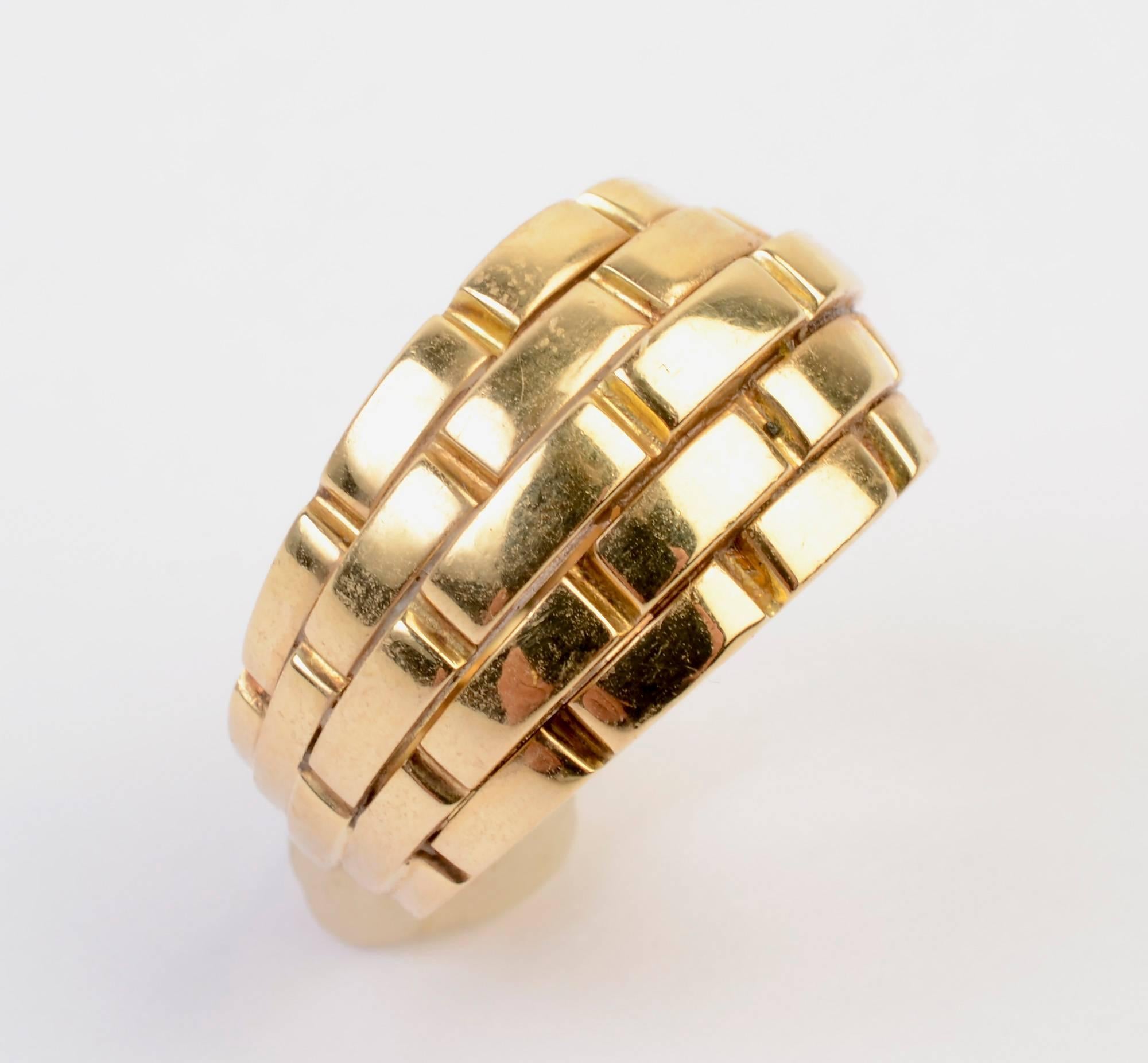 Cartier Maillon Panthere gold domed ring with a brickwork design. The ring is size 6 or 52 in Cartier measurements. It is 5/8 