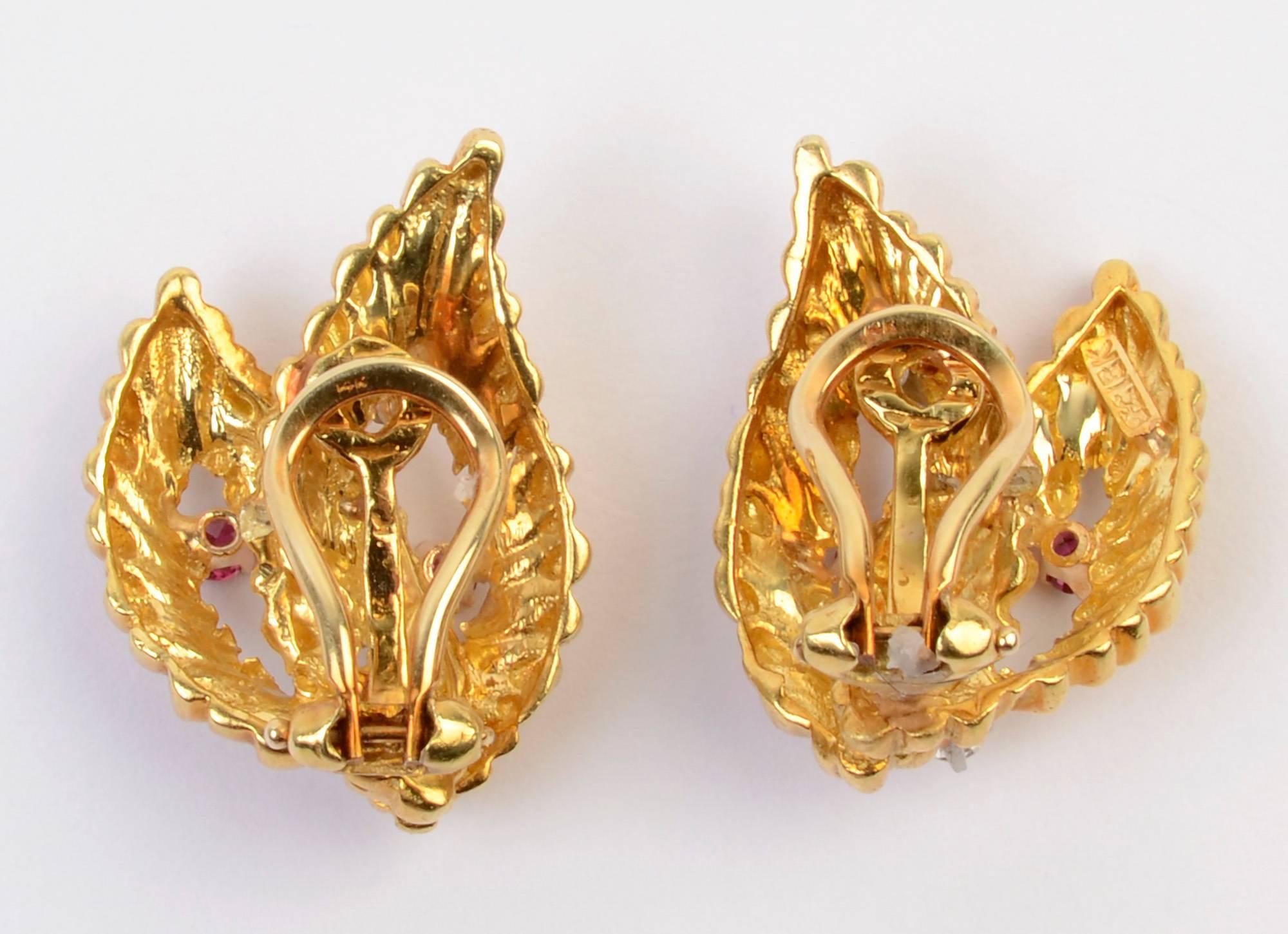 Gold Leaf Earrings with Diamonds and Rubies In Excellent Condition In Darnestown, MD