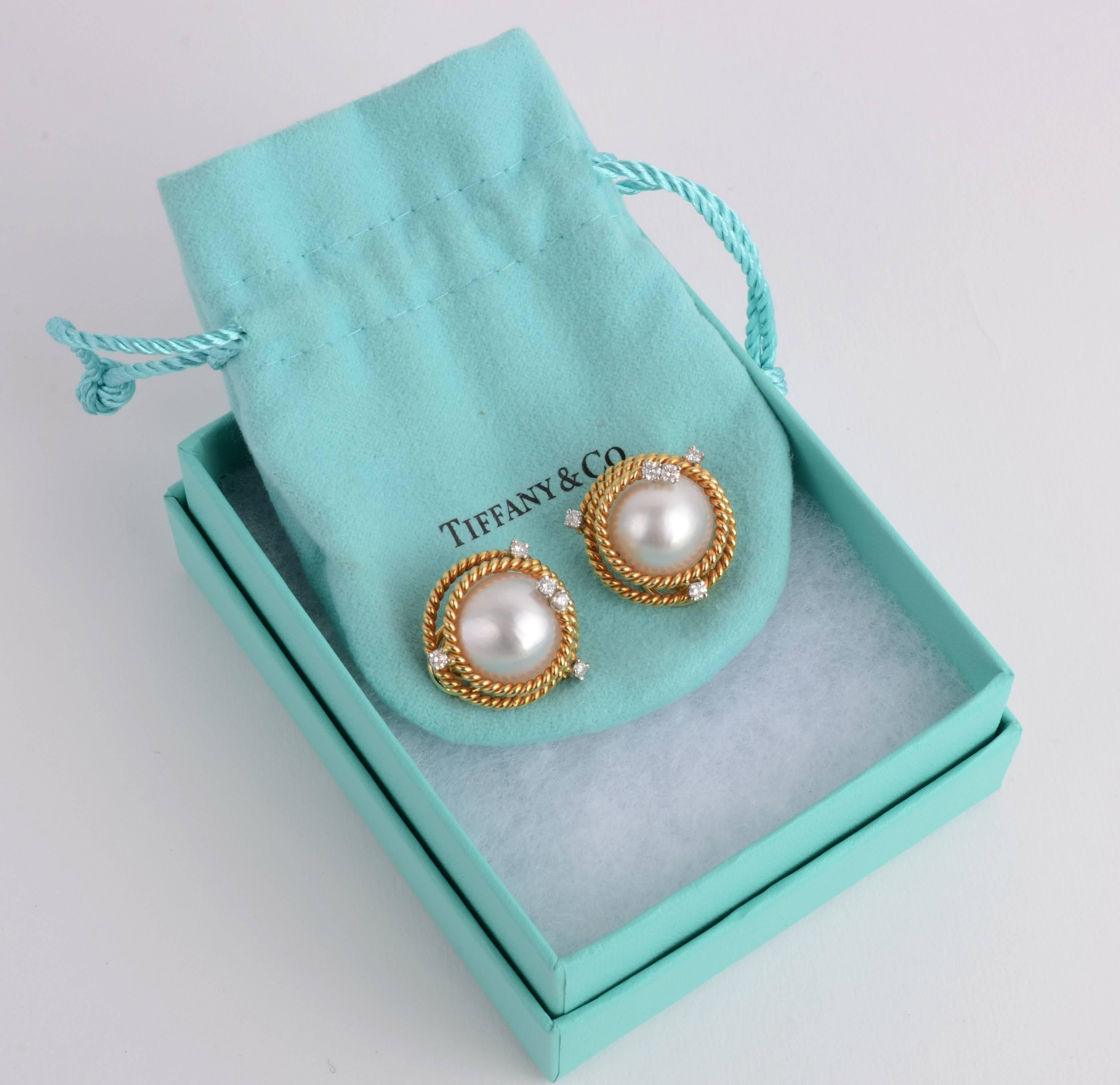 Modern Schlumberger for Tiffany & Co. Mabe Pearl Diamond Gold Earrings 