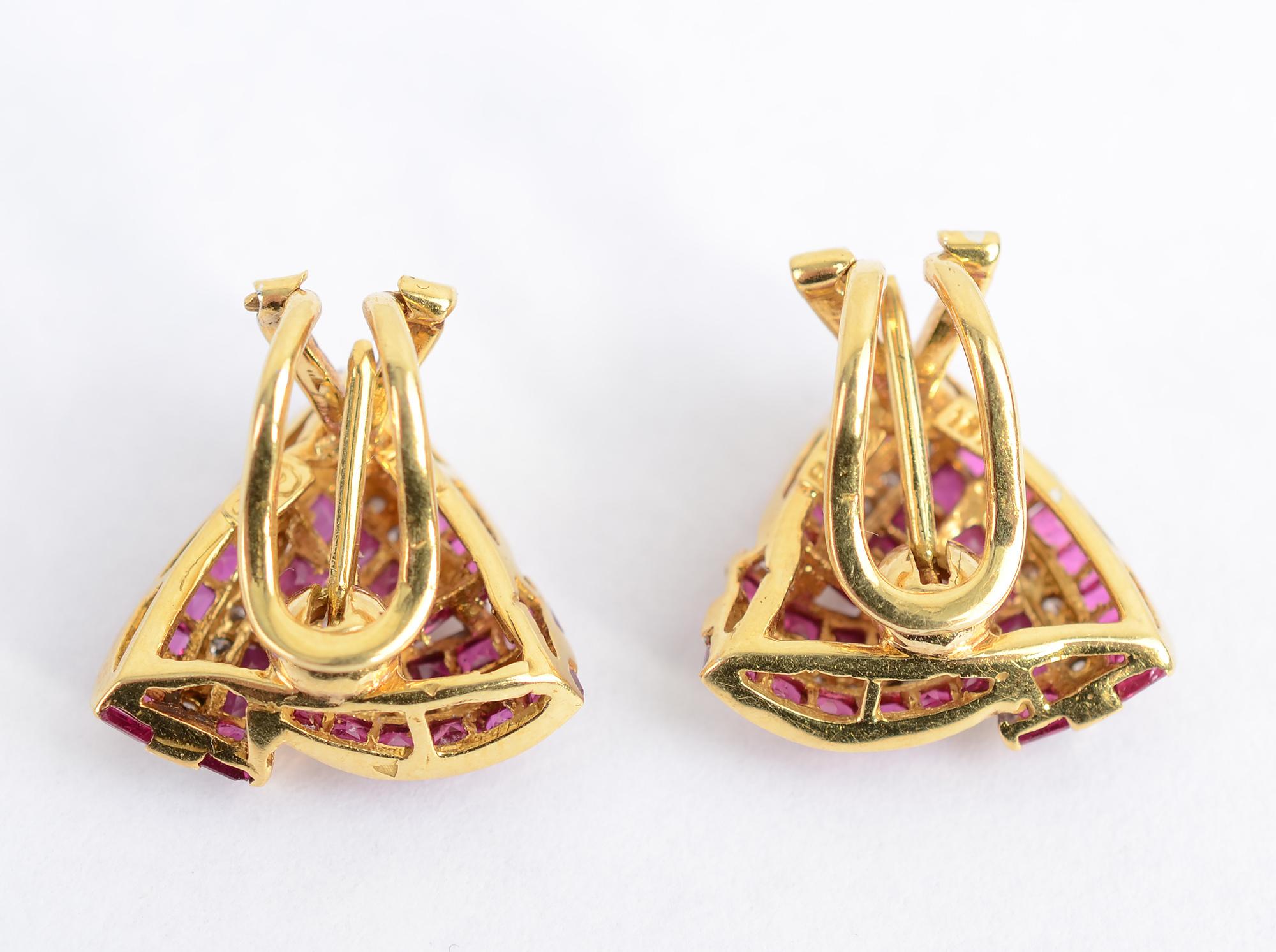 Women's or Men's Triangular Ruby Diamond Gold Earrings