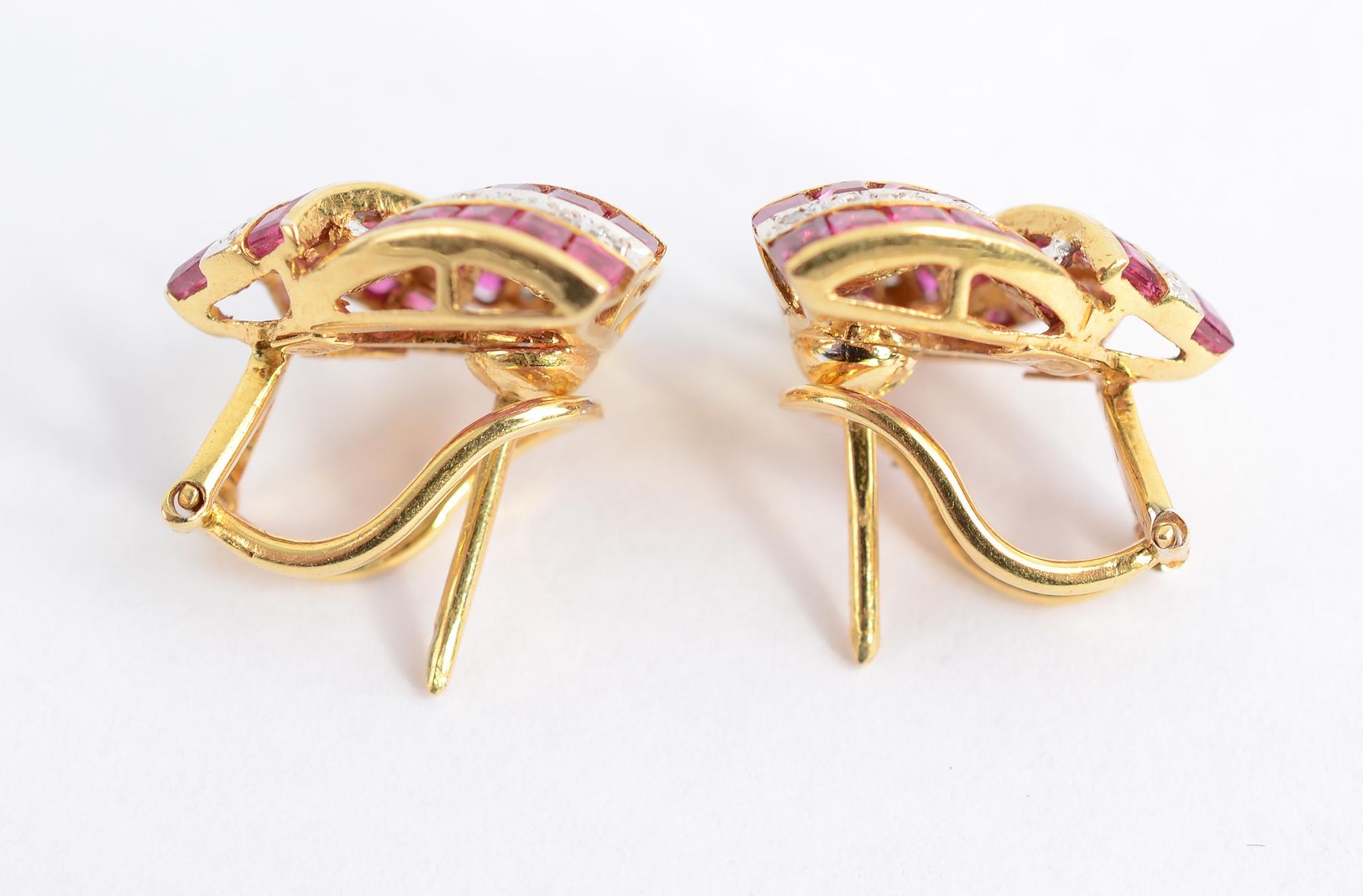 Modern Triangular Ruby Diamond Gold Earrings