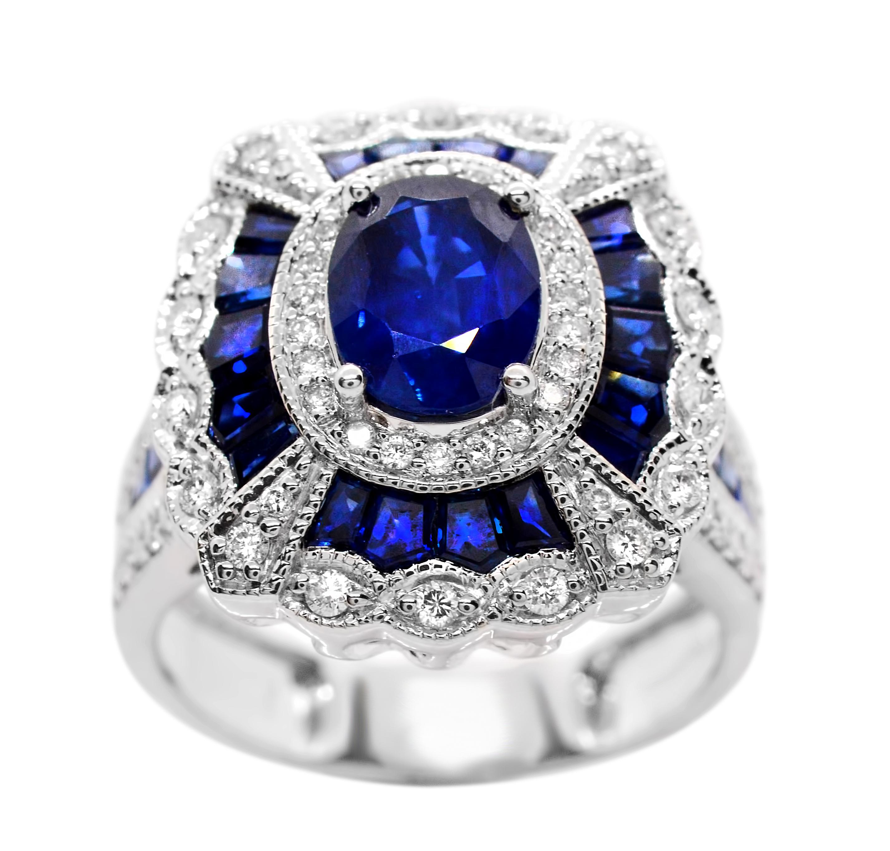 Contemporary 1.71 Oval Sapphire 2.80 Carats Baguettes Diamond 14K White Gold Cocktail Ring For Sale