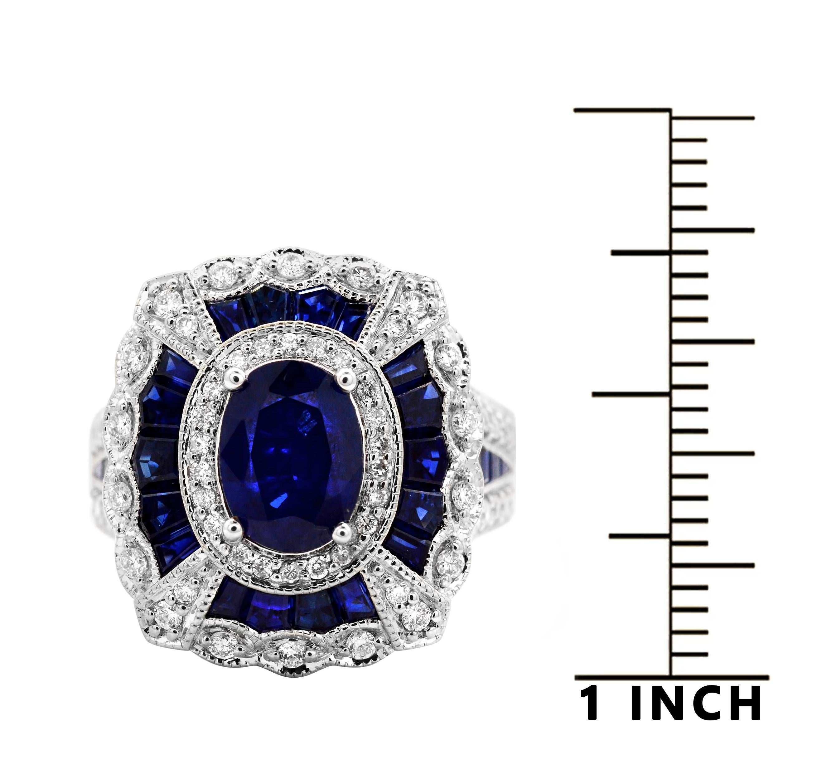 1.71 Oval Sapphire 2.80 Carats Baguettes Diamond 14K White Gold Cocktail Ring In New Condition For Sale In New York, NY