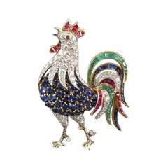 1960s Diamond Ruby Emerald Sapphire Rooster Brooch