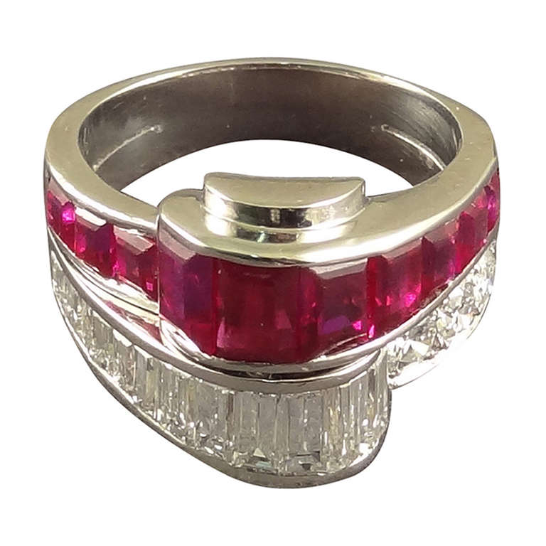 Oscar Heyman 1950s Baguette Ruby Diamond Cocktail Ring For Sale