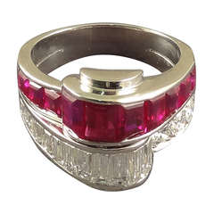 Oscar Heyman 1950s Baguette Ruby Diamond Cocktail Ring