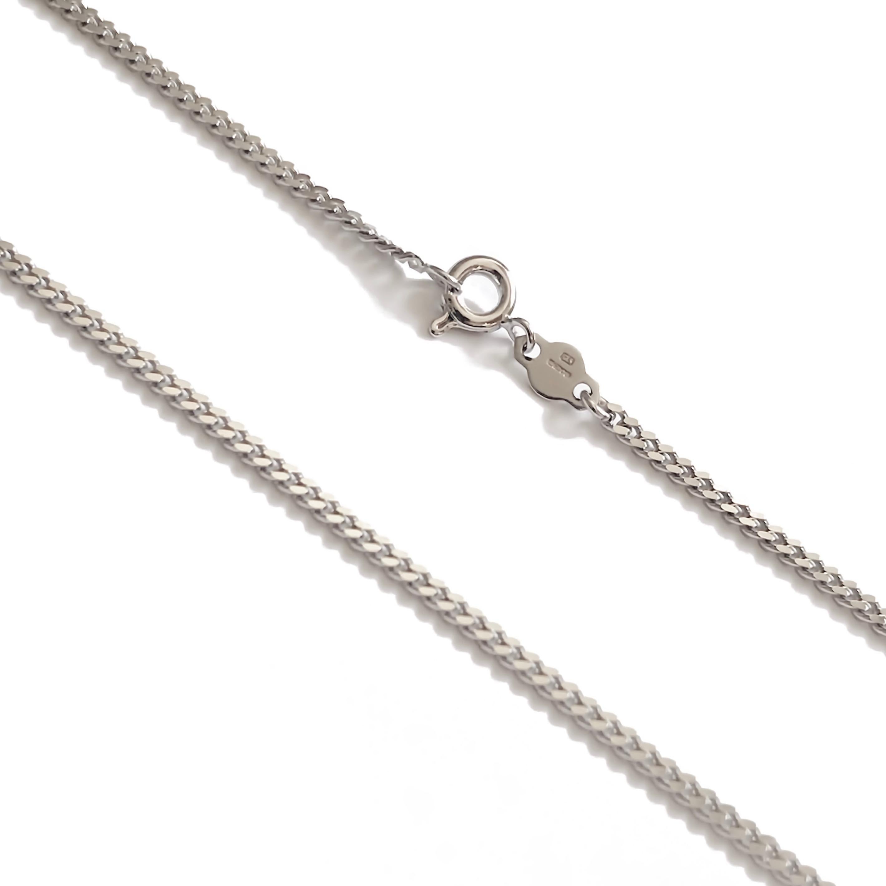 This classic curb chain necklace is made of 18 Karat solid white gold.
Length: 44.00 cm
Weight: 6.65 g
Gauge: 1.9 mm
Hallmark: London Goldsmiths’ Company – Assay Office
All our jewellery are new and have never been previously owned or worn. 
We are