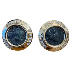 BVLGARI ITALY 18k Yellow Gold, Diamond & Ancient Roman Monete Coin Earrings 1980