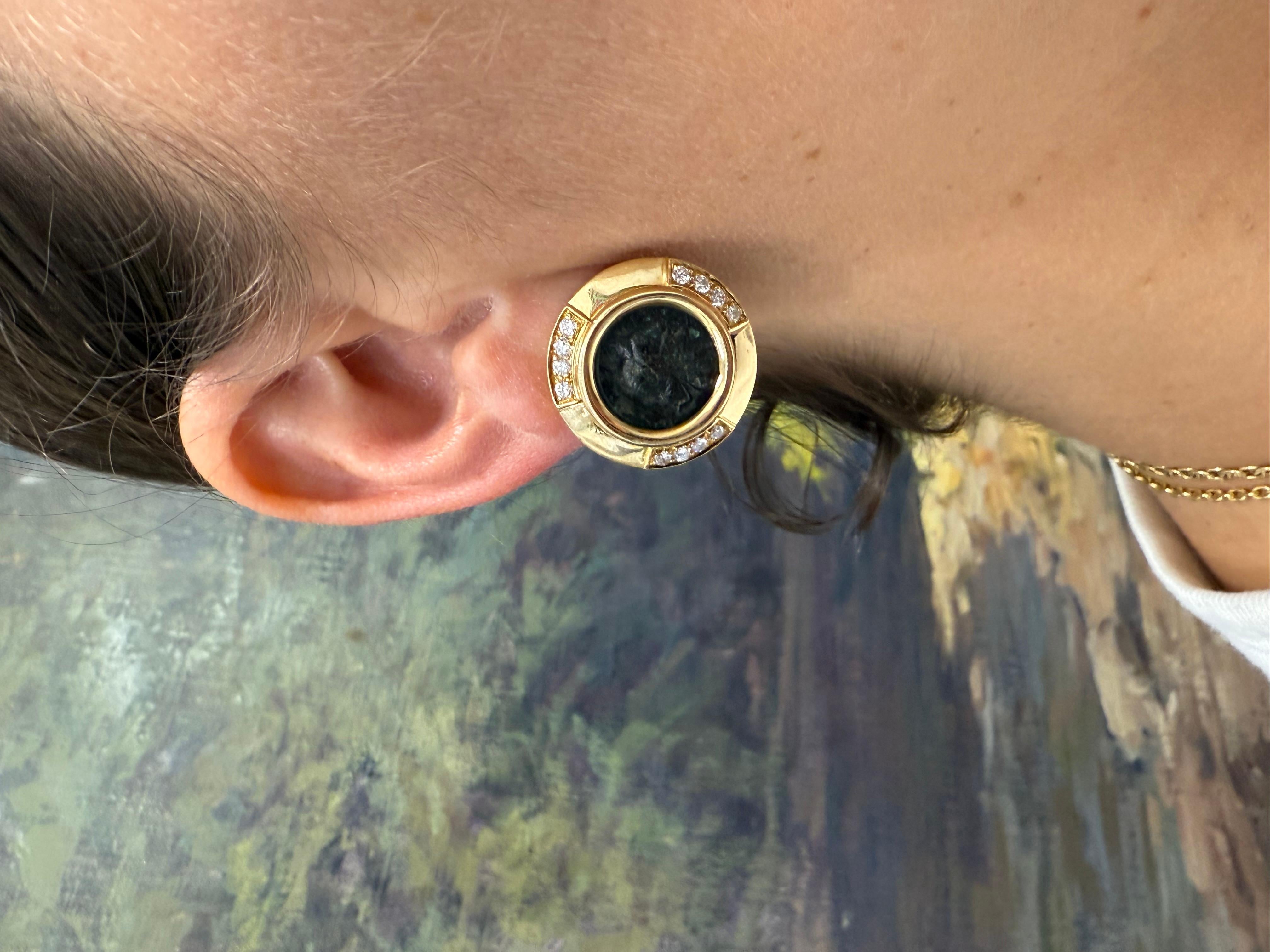 BVLGARI ITALIE Boucles d'oreilles en or jaune 18k, diamants et pièces de monnaie Monet de l'Antiquité romaine 1980 en vente 2