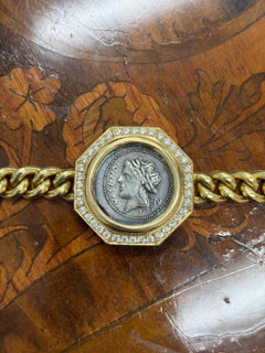 BVLGARI ITALY 18k Yellow Gold, Ancient Roman Coin & Diamond Monete Bracelet Rare