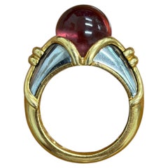 BVLGARI ITALY 18k Yellow Gold, Stainless Steel & Pink Tourmaline Ball Ring 1980s