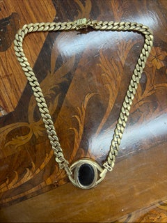BVLGARI ITALY 18k Yellow Gold, Carved Onyx Intaglio & Diamond Curb Link Necklace
