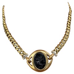 BVLGARI ITALY 18k Yellow Gold, Carved Onyx Intaglio & Diamond Curb Link Necklace