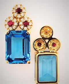 18 Karat Yellow Gold, Blue Topaz '28.51 Carat', Ruby '0.83 Carat', Earrings