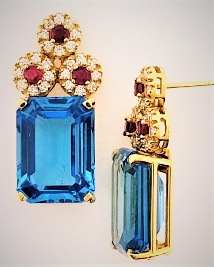 Contemporary 18 Karat Yellow Gold, Blue Topaz '28.51 Carat', Ruby '0.83 Carat', Earrings For Sale