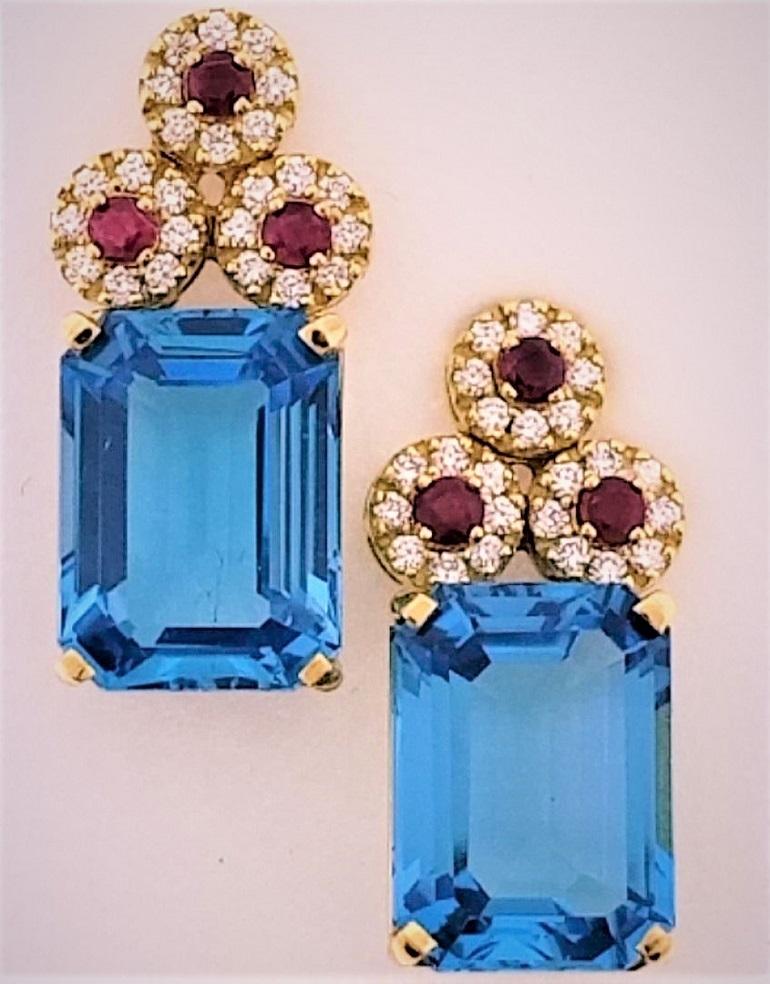 Emerald Cut 18 Karat Yellow Gold, Blue Topaz ‘45.88 Carat’ and Ruby ‘2.18 Carat’ Necklace For Sale