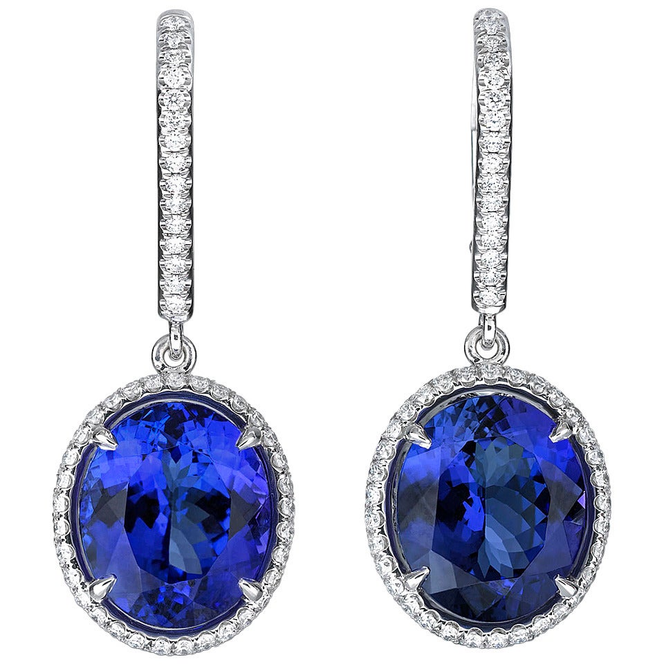 13.86 Carats Tanzanite Diamond Platinum Drop Earrings