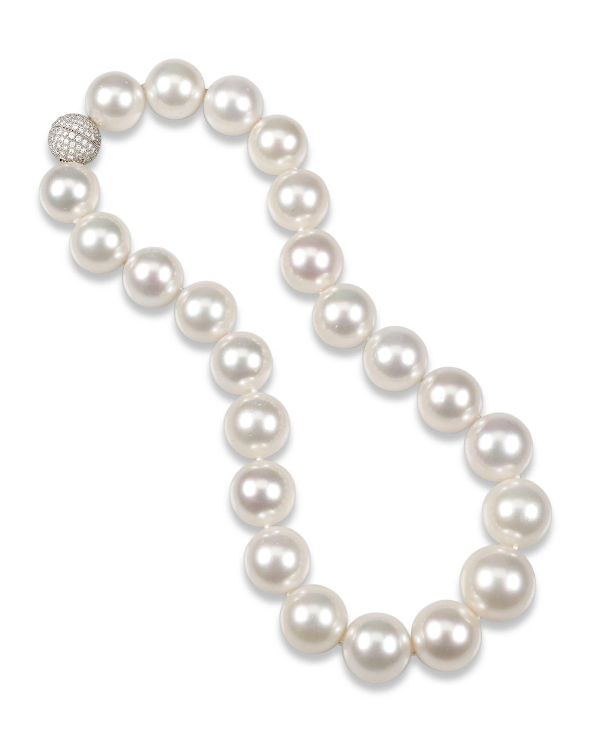Twenty-three remarkably rare, lustrous white South Sea pearls exude elegance and refinement in this classic necklace. Measuring between an incredible 17 to 20.3 mm, these perfectly matched, graduated pearls are among the largest in the world. Most
