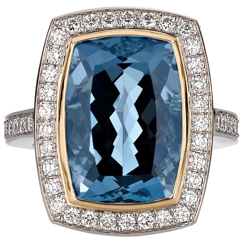 7.37 Carat Aquamarine Diamond Gold Platinum Ring