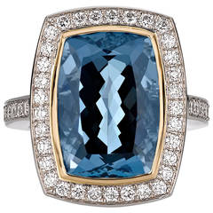 Retro 7.37 Carat Aquamarine Diamond Gold Platinum Ring