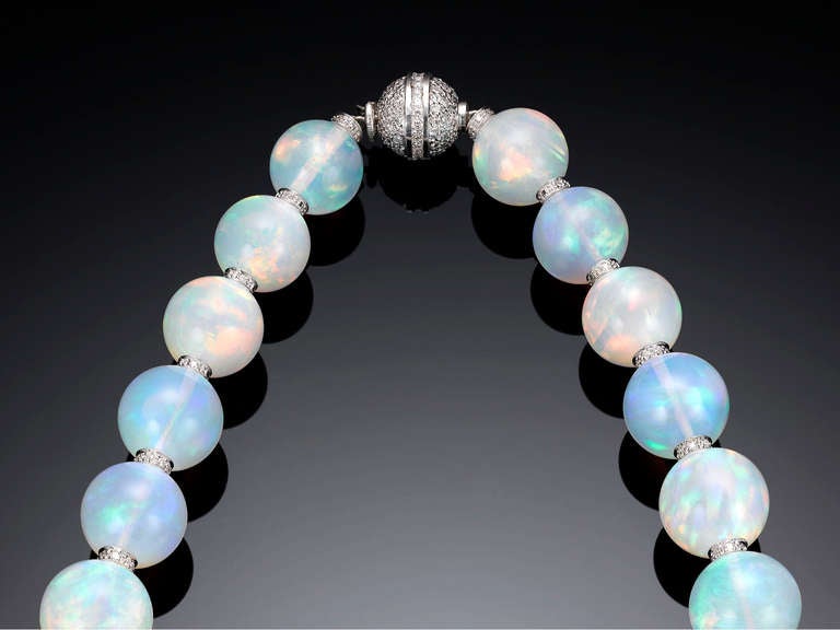 Ethiopian Opal and Diamond Rondell Necklace In Excellent Condition In New Orleans, LA