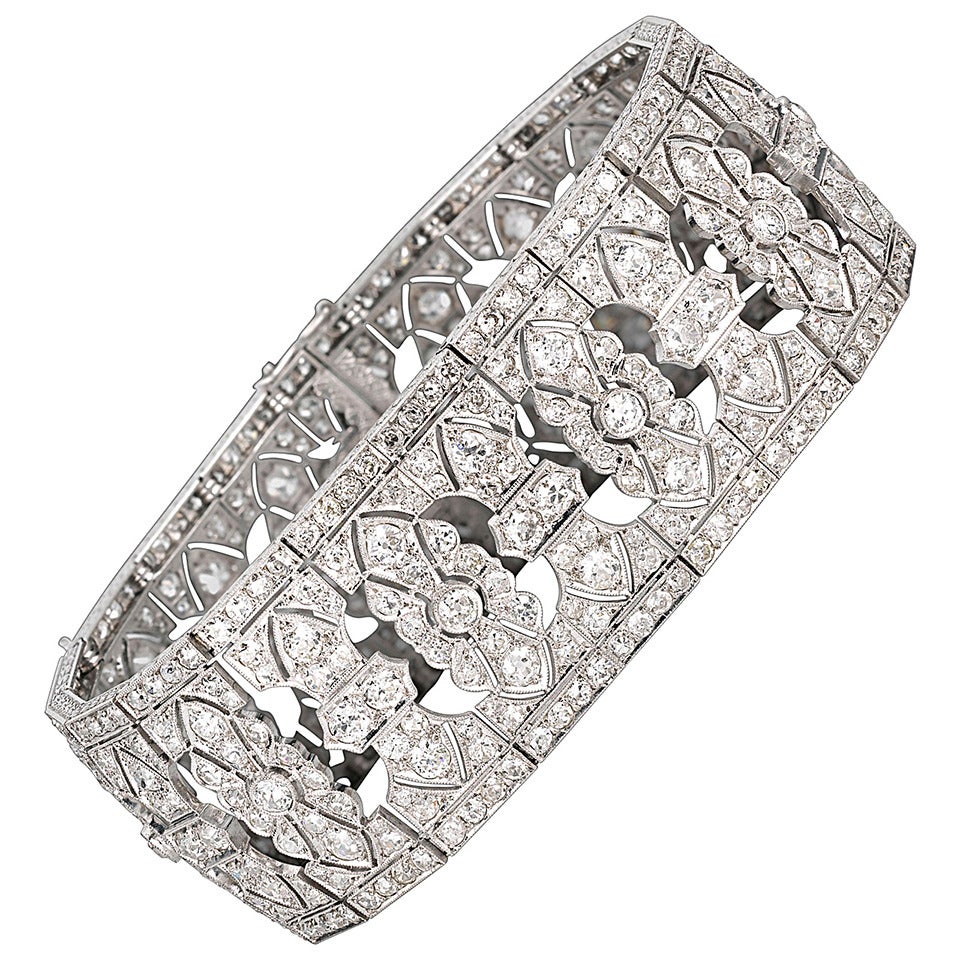 Wide Art Deco Diamond Platinum Bracelet