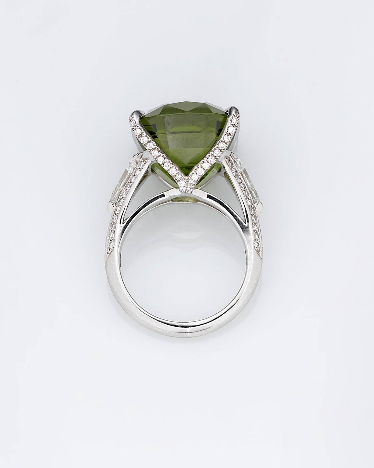 Contemporary Burma 20.30 Carat Peridot Diamond Platinum Ring