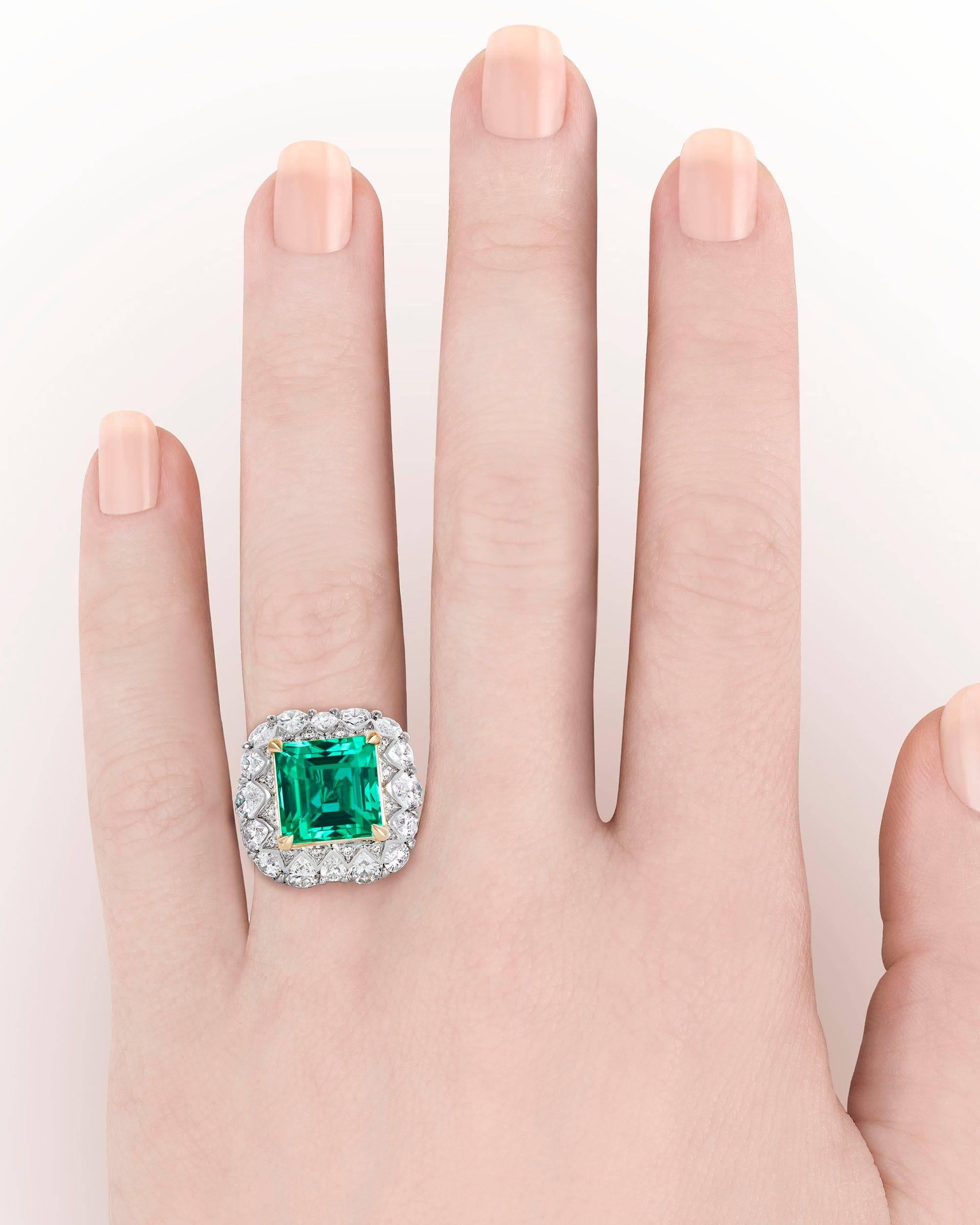 Untreated 5.66 Carat Colombian Emerald Diamond Gold Ring 2