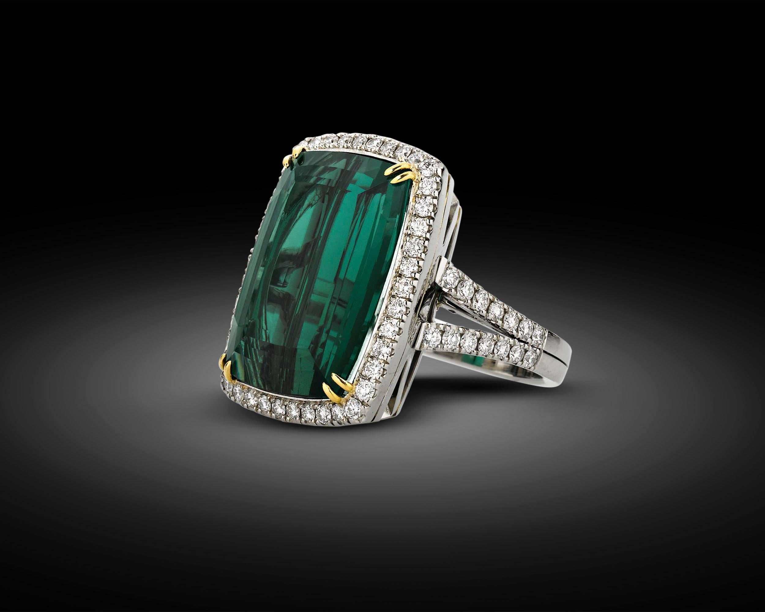 Contemporary 22.64 Carat Green Tourmaline Diamond Platinum Ring