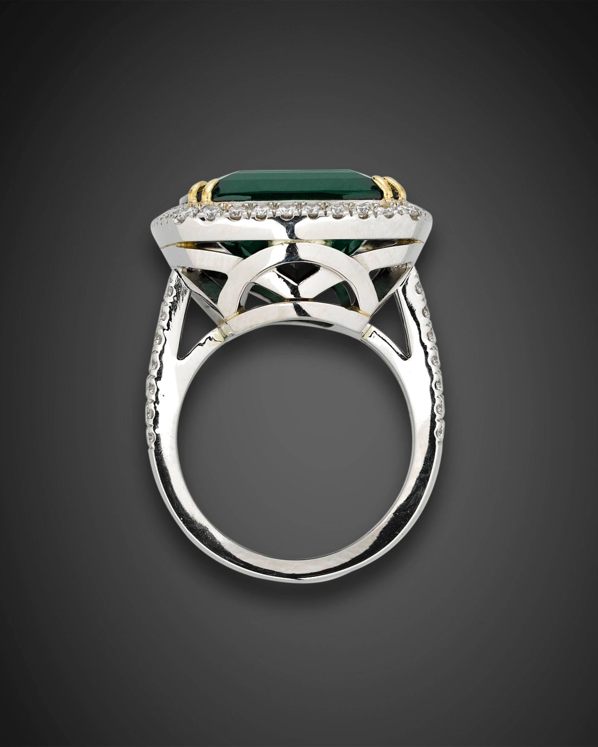 Cushion Cut 22.64 Carat Green Tourmaline Diamond Platinum Ring