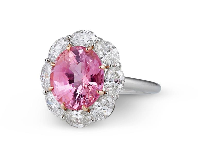 5.61 Carats Untreated Padparadscha Sapphire Diamond Gold Ring In Excellent Condition In New Orleans, LA