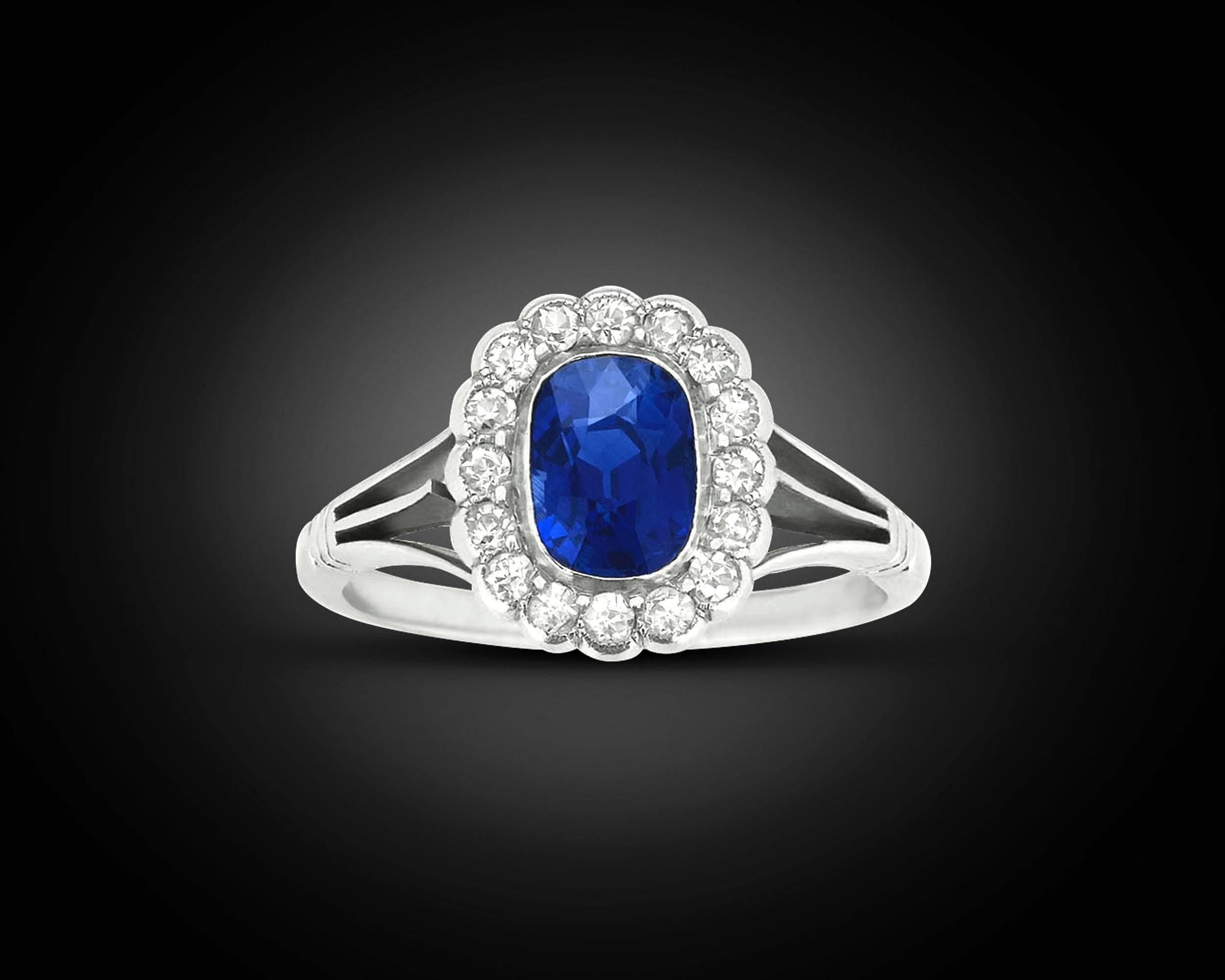 Weighing 1.37 carats, this remarkable cushion-shaped, mixed-cut Kashmir sapphire naturally achieves the deep, velvety blue hue so prized in these remarkable gems. The Kashmir sapphire is ranked as one of the world's most desirable jewels alongside