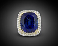 22.98 Carat Cushion-Cut Untreated Tanzanite Diamond Gold Ring