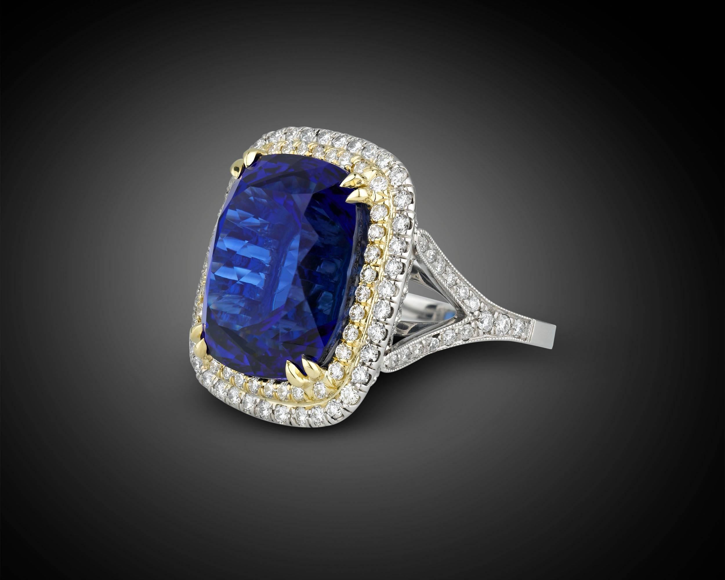 Contemporary 22.98 Carat Cushion-Cut Untreated Tanzanite Diamond Gold Ring