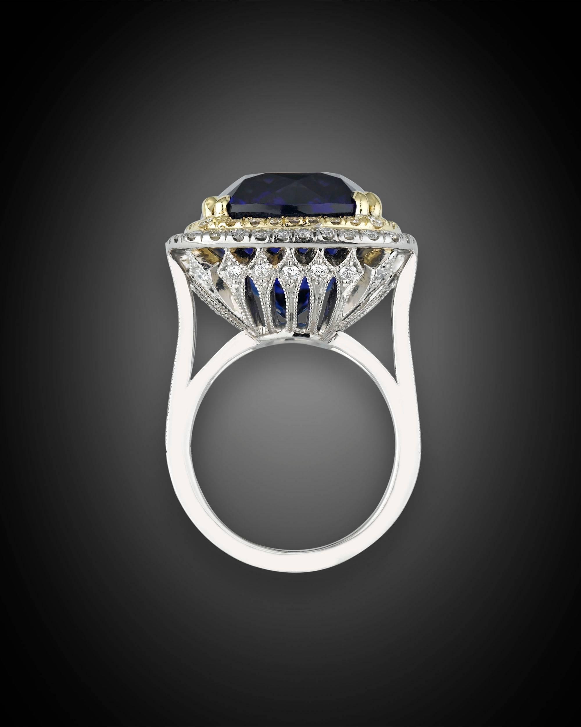 22.98 Carat Cushion-Cut Untreated Tanzanite Diamond Gold Ring In New Condition In New Orleans, LA