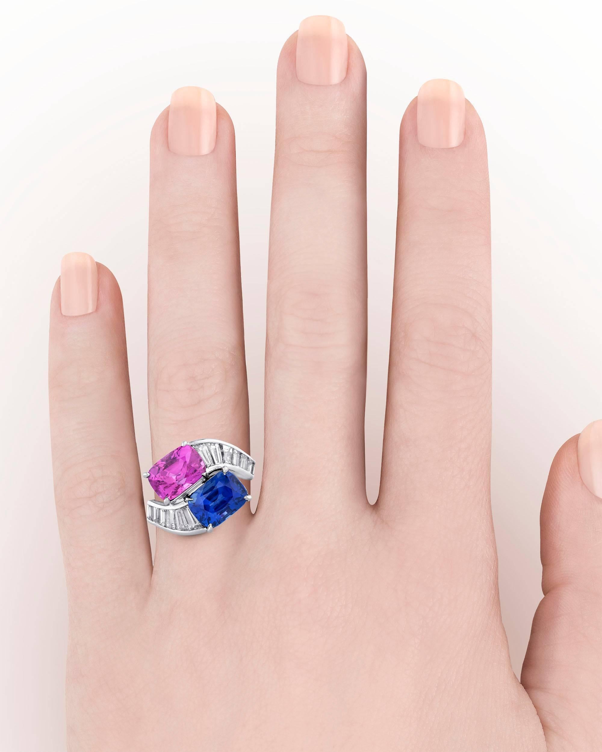 Contemporary Bulgari Blue and Pink Sapphire Diamond Crossover Ring 