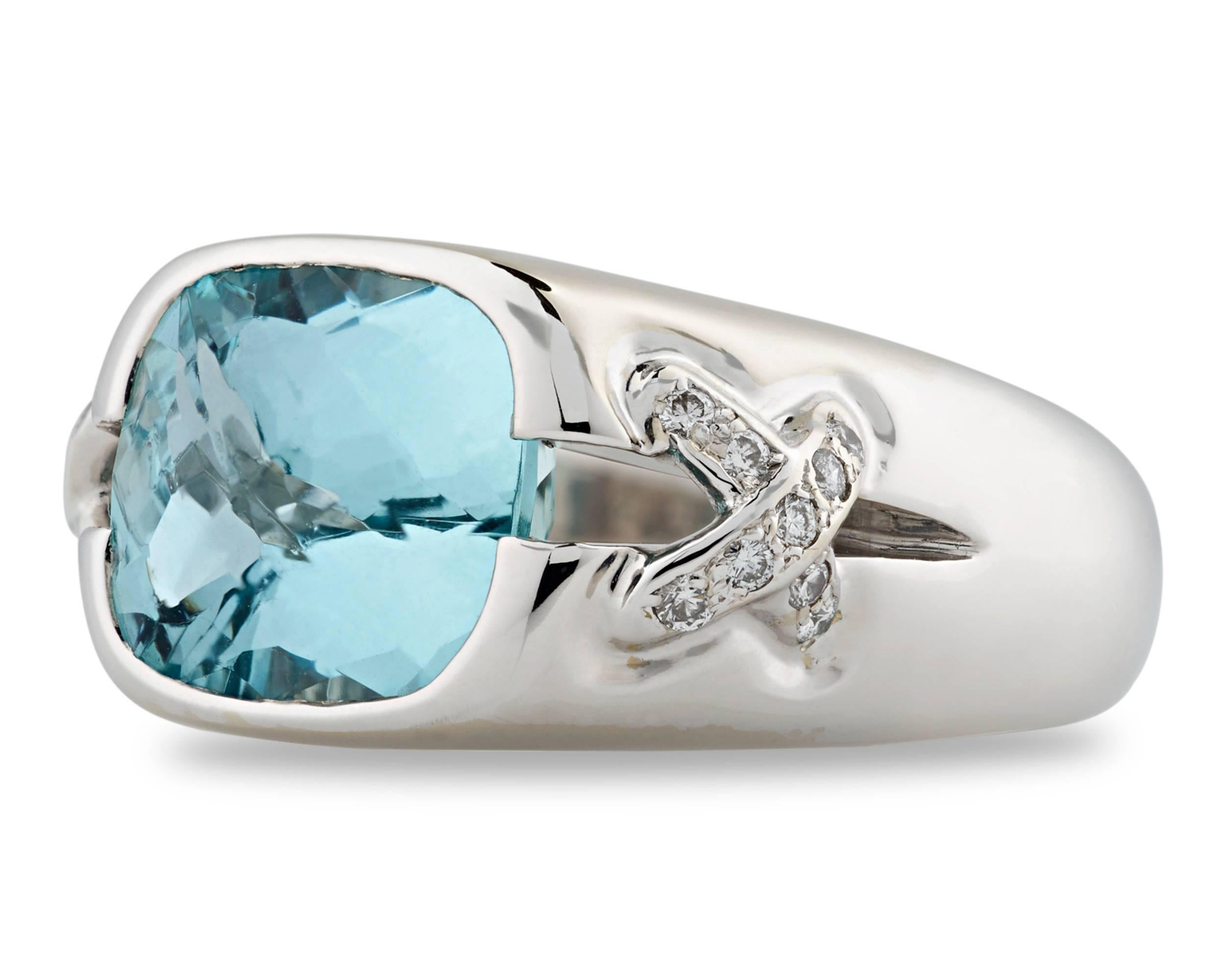 An exceptional aquamarine weighing approximately 5.00 carats is the star of this ring by Tiffany & Co. Sparkling with a rare Santa Maria blue hue, the gem is beautifully on display in an 18k white gold setting studded with white diamonds.

One of