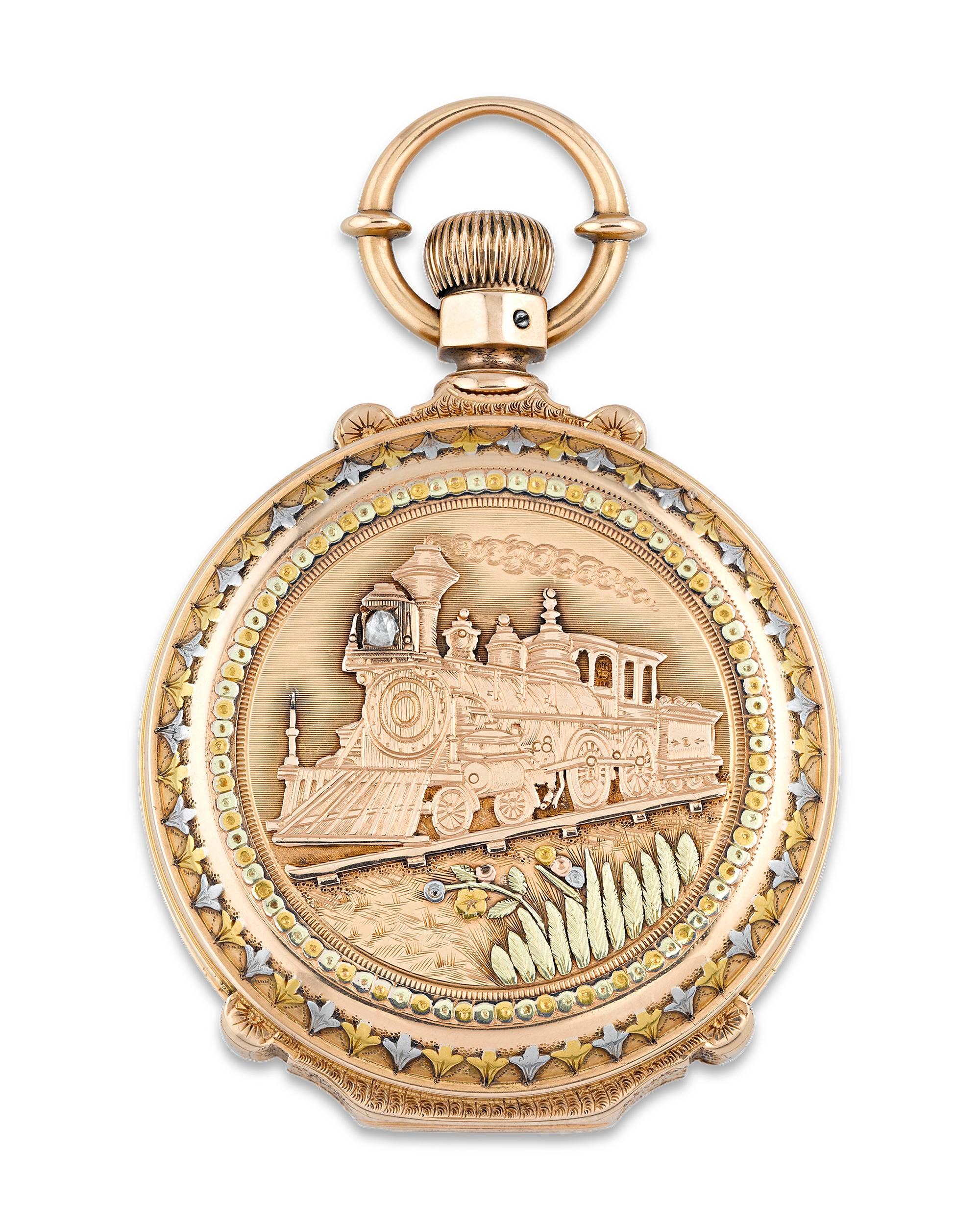 Bringing together precision timekeeping with stunning artistry, this pocket watch by the American Waltham Watch Company is a remarkable work of horological craftsmanship. Railroad watches such as this are renowned for their accuracy, as standardized