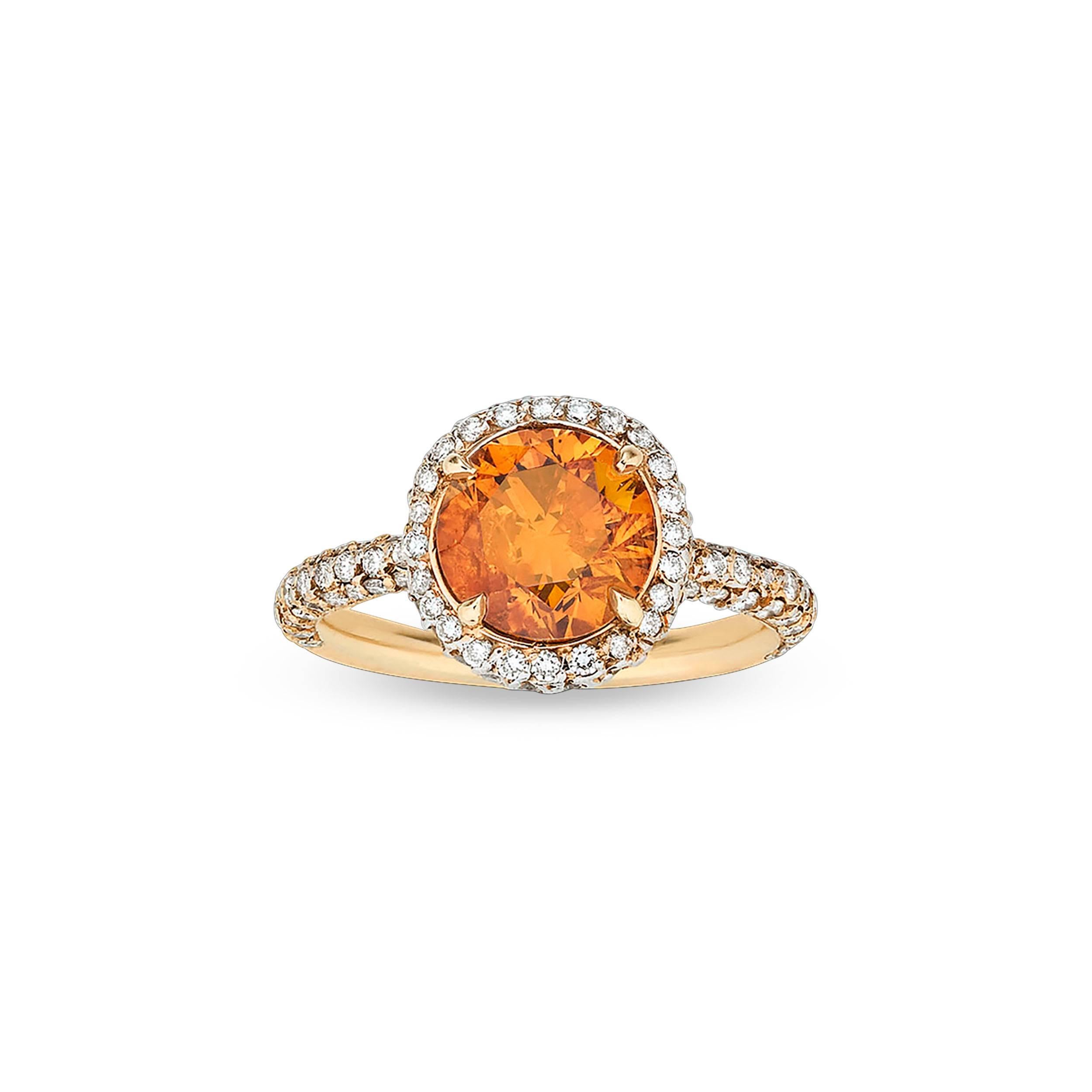 A rare 2.34-carat fancy deep yellowish-orange diamond displays a remarkable depth of color and brilliance in this extraordinary ring. Prized for both their beauty and rarity, yellowish-orange diamonds are among the most desirable and radiant of