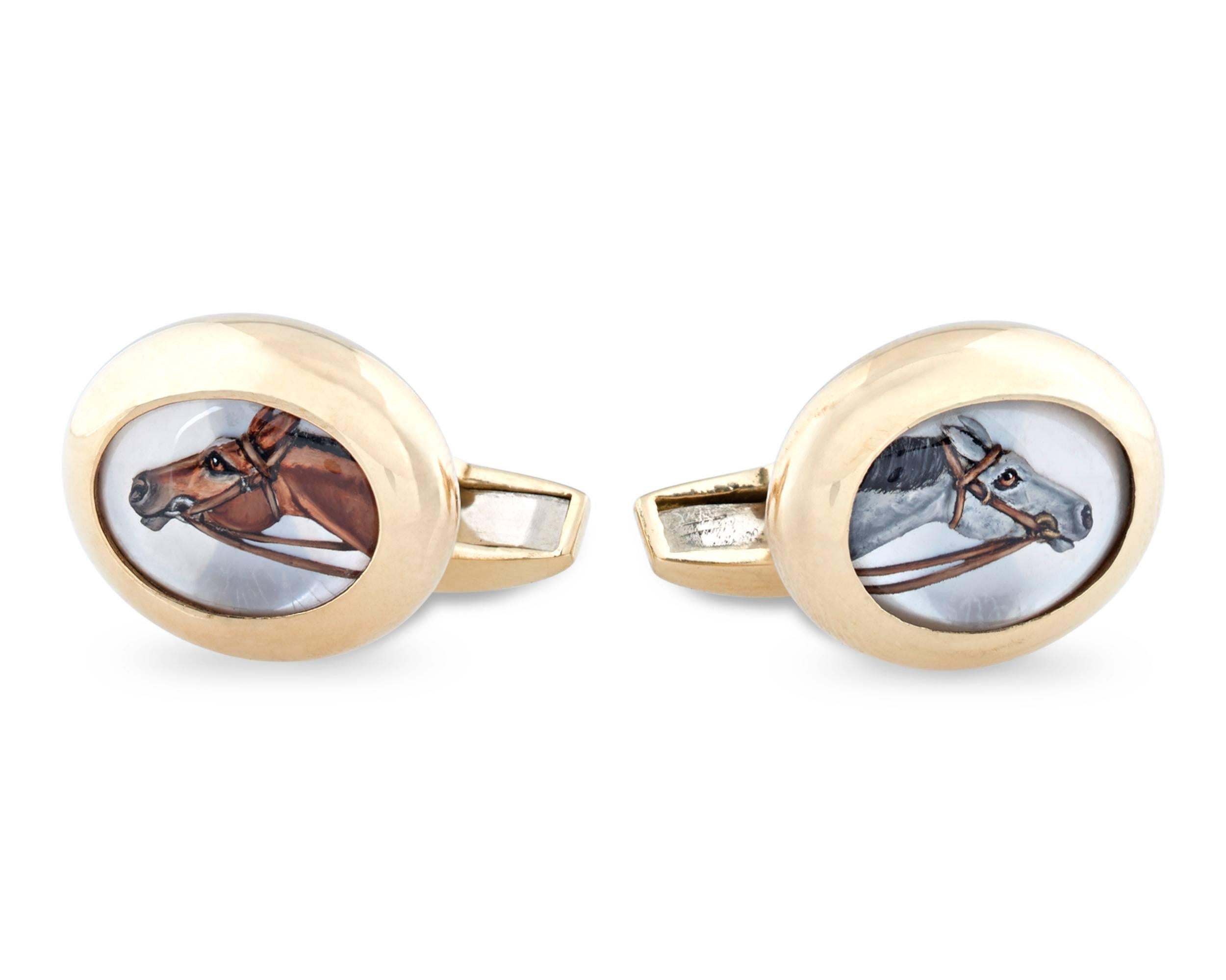 The beautifully hand-enameled likenesses of two race horses in the profile are visible through the Essex crystal set in these handsome cufflinks. Crafted in Birmingham, England, these cufflinks are the perfect accessories for the equine