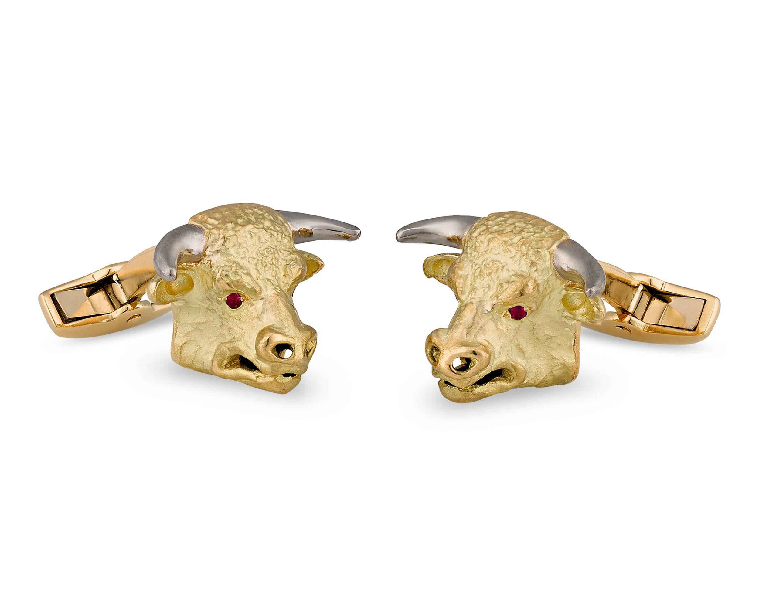 Always enjoy a bull market regardless of the economic outlook with these exceptional British cufflinks. Crafted of 18k gold, the pair are brought to life by enamel by hand-painted enamel and ruby-inset eyes.

Marked 
