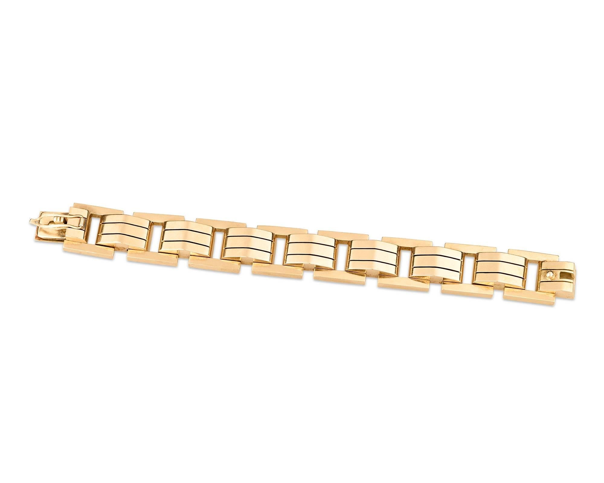 The bold styling of this 18K yellow gold bracelet is a chic example of mid-20th-century retro jewelry. Characterized by eye-catching design and grand proportions, retro jewelry reflected the desire for fantasy and glamor during the difficult years