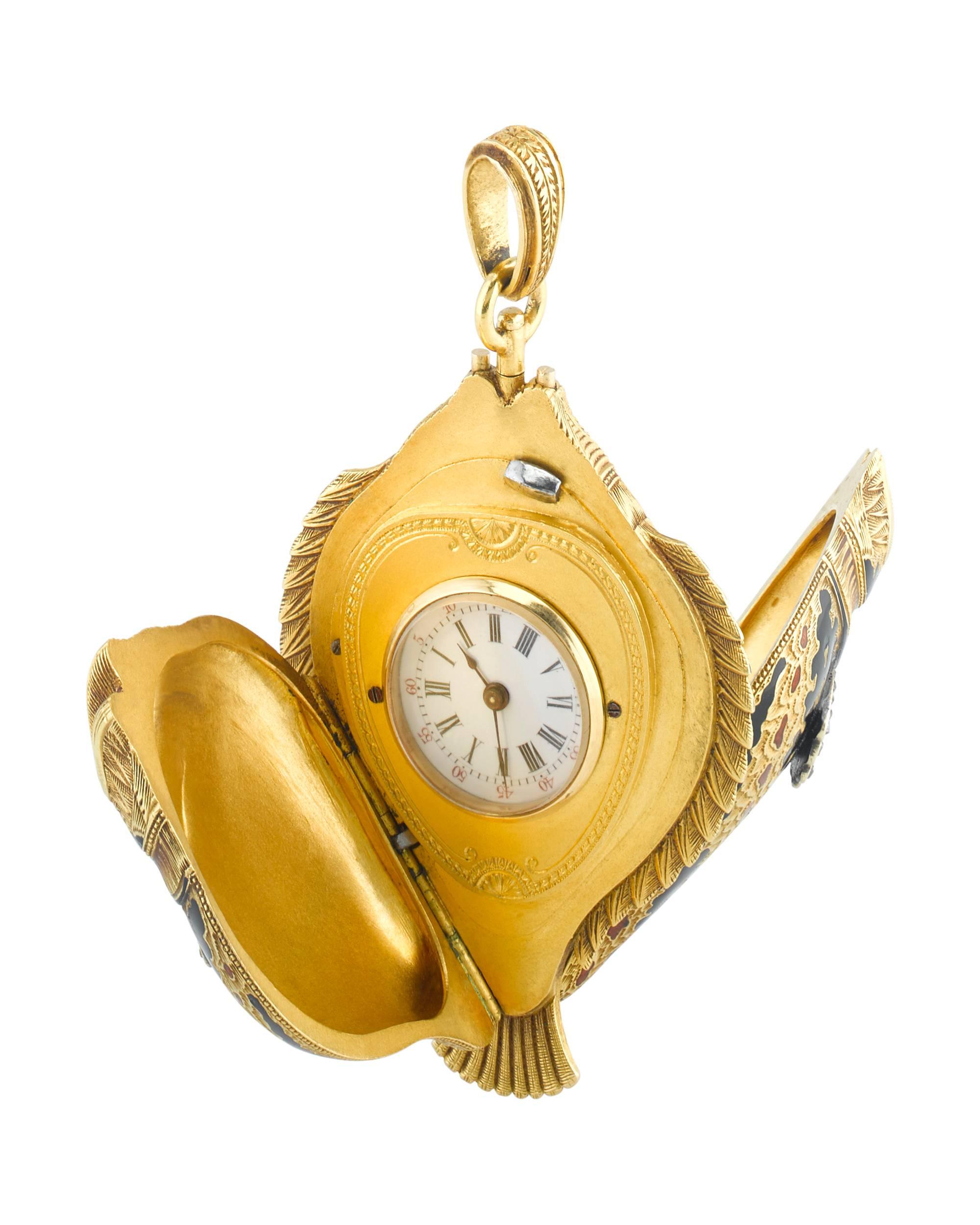 A delightful blend of watchmaking refinement and unique artistry, this charming lapel watch takes the form of a sunfish. The aquatic creature is stunning in its level of detail. Crafted from 18k yellow gold, each scale and fin is perfectly formed