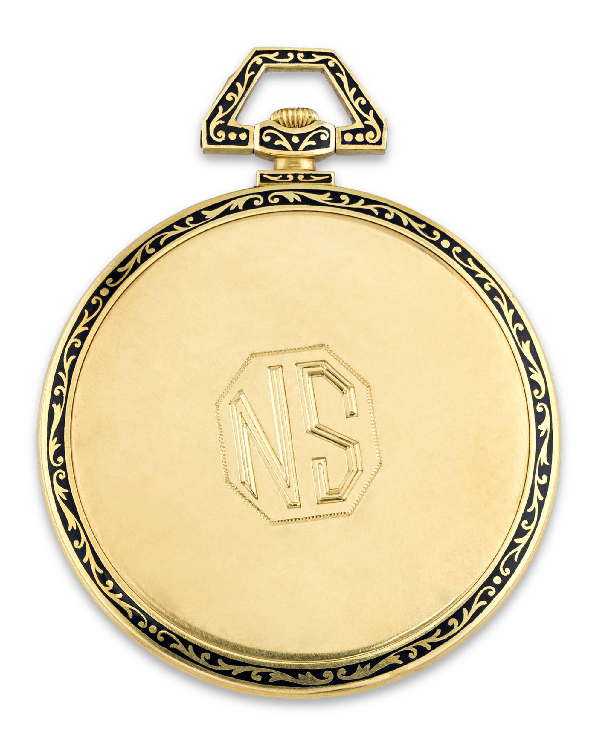 This handsome Art Deco-period pocket watch was created by a firm considered to be the leader in "haute horology", Audemars Piguet of Le Brassus, Switzerland. Retailed by E. Gübelin of Lucerne, this fantastic, open-faced timepiece is housed