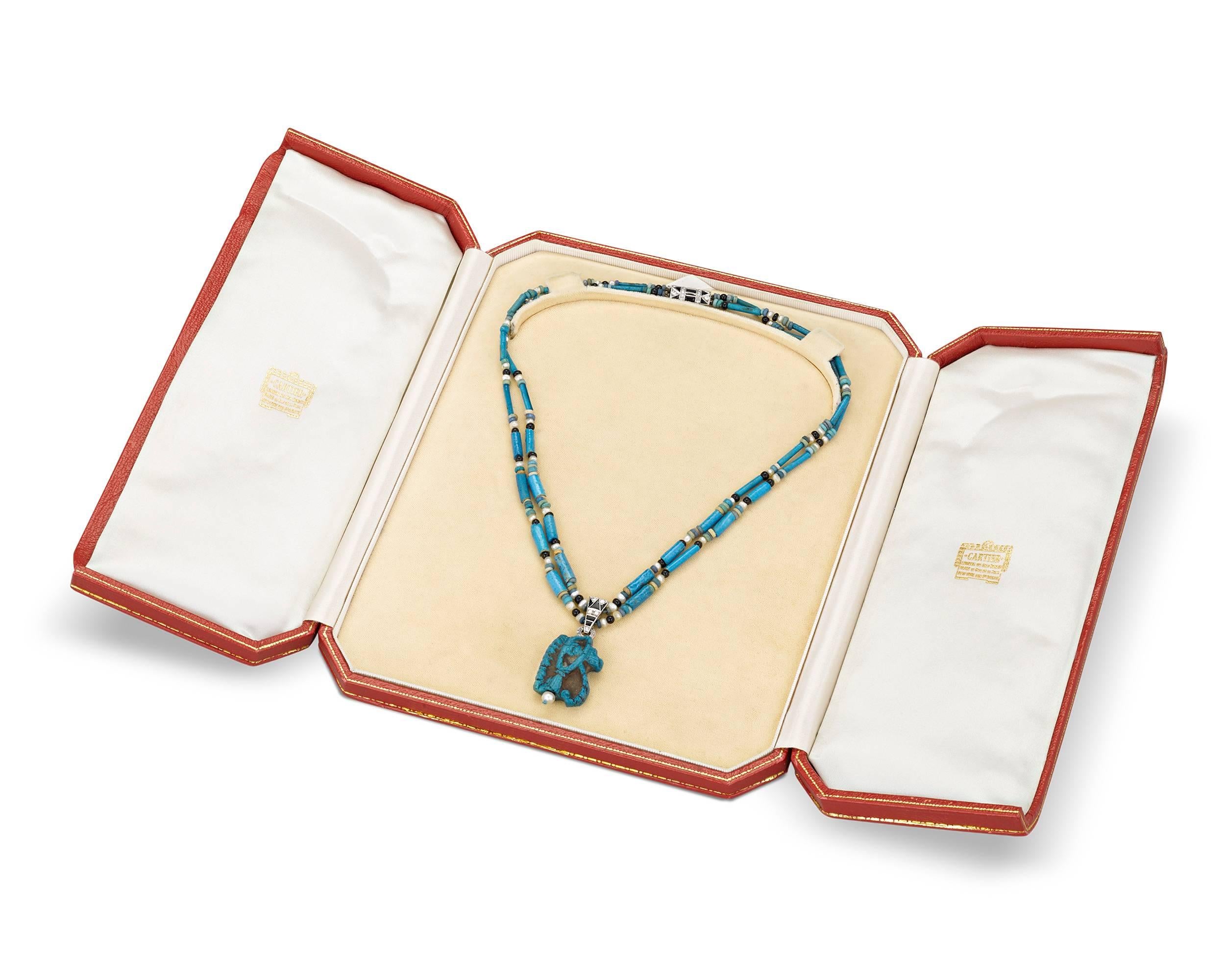 A marriage of ancient Egyptian artifacts and streamlined Art Deco style, this necklace by the legendary Cartier is a masterpiece of jewelry design. Crafted during the glamorous age of the Roaring 20s, the piece embodies one of the most enduring