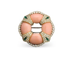 David Webb Coral Emerald Diamond Pin