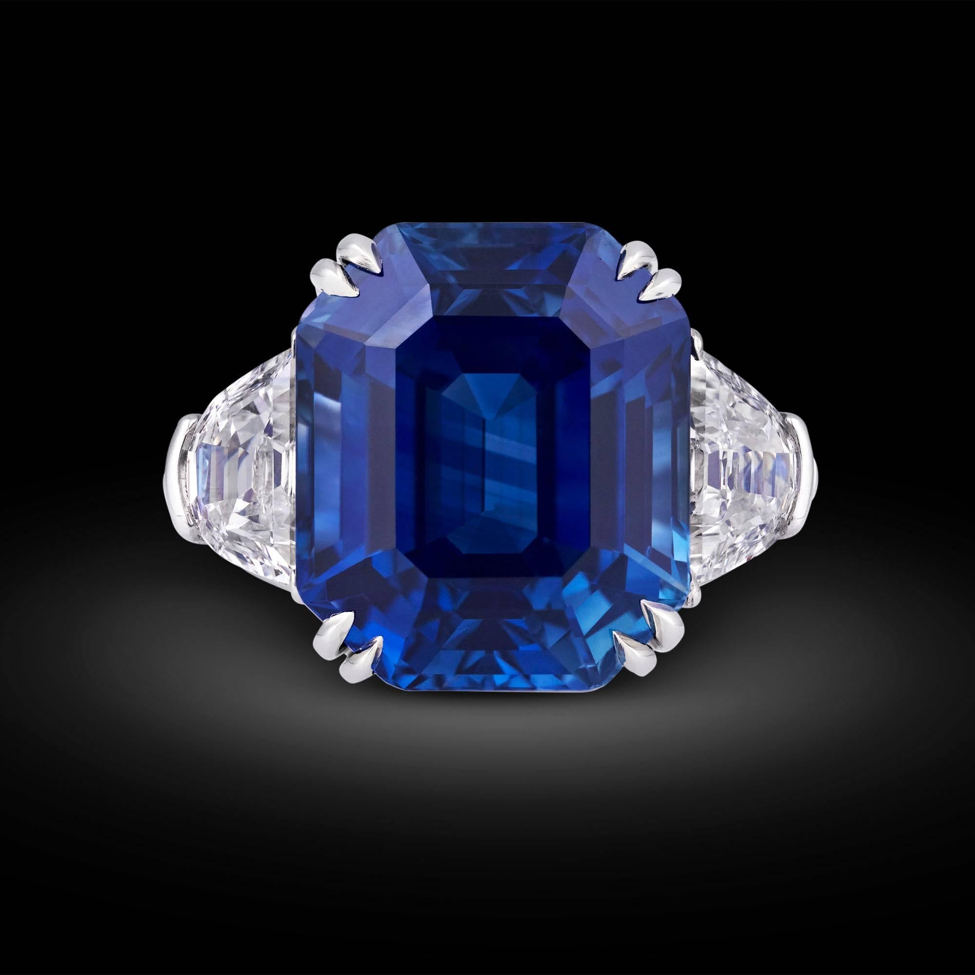 Weighing an absolutely astonishing 18.50 carats, this natural emerald-cut Kashmir sapphire is absolutely beyond compare. Displaying the lustrous, velvety blue hue so beloved in these rare Kashmir gemstones, this rare and important sapphire is