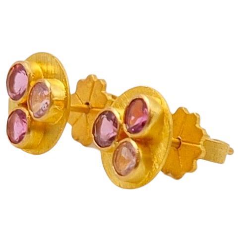 Multi-Color Tourmaline 22 Karat Gold Round Push Earrings