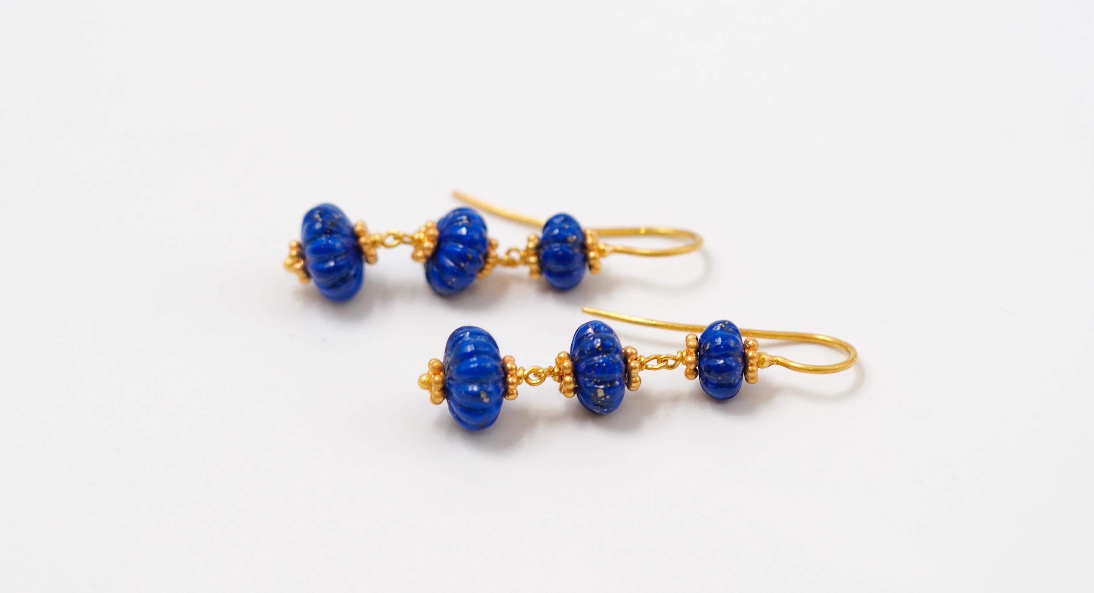 Scrives Lapis Lazuli Watermelon 22 Karat Gold Earrings For Sale 3